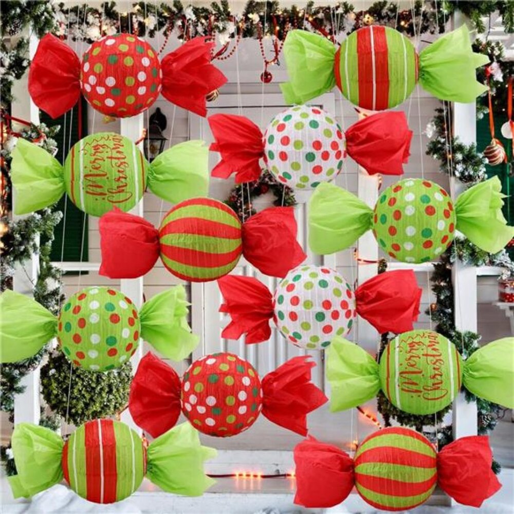 12 Pcs Christmas Paper Lanterns Xmas Green and Red Candy Lanterns 9.8 Inch